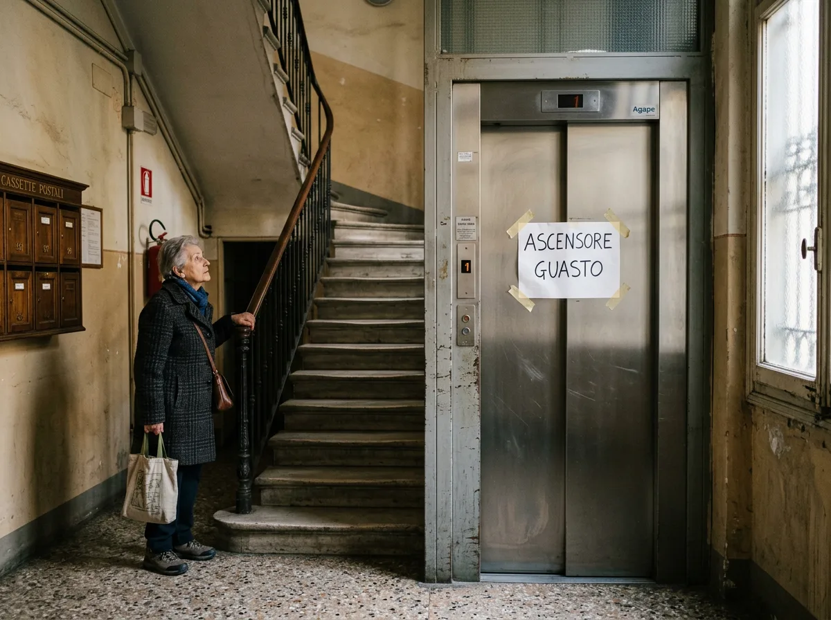 Androne di un condominio con cartello «ASCENSORE GUASTO» e una persona anziana ferma davanti alle scale